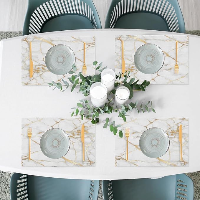 PVC Placemats Set of 1 White Gold Marble Wipeable Table Mats Washable Heat Resistant Non Slip Vinyl Dining Table Mat for Kithen Indoor Outdoor Patio Farmhouse Place Mats Decorative