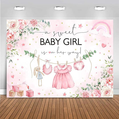 Mocsicka Sweet Baby Girl Baby Shower Backdrop Princess Pink Greenery Party Decoration for Girl's Arrival Photo Booth (Pink, 5x3ft)