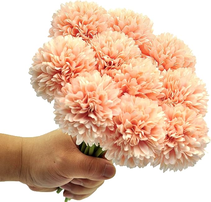 10Pcs Artificial Fake Flower Plants Silk Chrysanthemum Ball Hydrangea Arrangements Wedding Bouquets Decor Home Kitchen Garden Party Table Floral Centerpieces DIY (Grapefruit Pink)