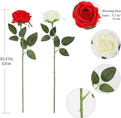 Tifuly Roses Artificial Flowers - 12 pcs Realistic Long Stem Fake Roses Mashup Style Silk Roses for DIY Bouquets Wedding Centerpieces Arrangements Home Party Decor（White & Red）