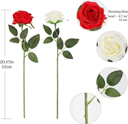 Tifuly Roses Artificial Flowers - 12 pcs Realistic Long Stem Fake Roses Mashup Style Silk Roses for DIY Bouquets Wedding Centerpieces Arrangements Home Party Decor（White & Red）
