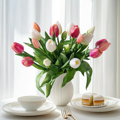 20PCS Fake Tulips Artificial Tulip Silk Flowers Fake PU Bouquet Artificial Flowers Faux Flowers with Gift Box Soft Faux Tulips Bouquets Arrangements for Party Wedding Home