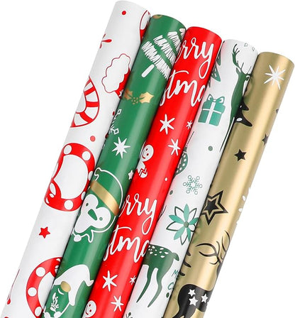 KIMOBER 5 Rolls Christmas Wrapping Paper with Cut Lines on Reverse,Colourful Coated Paper with Cartoon Xmas Elements(17in×118in Per Roll)