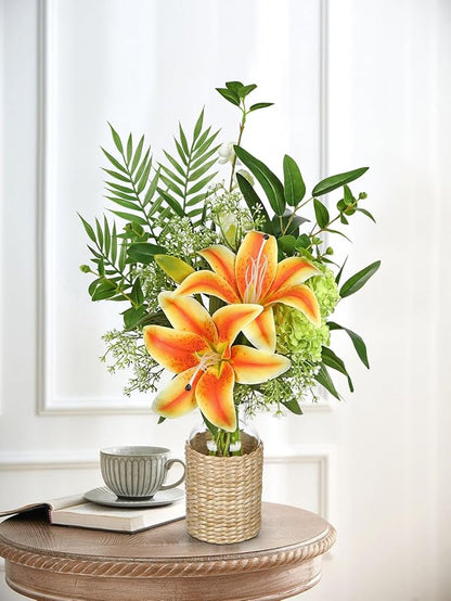 Hollyone Fake Flowers with Vase, Orange Silk Tiger Lily Artificial Flowers in Vase, Faux Plants and Flowers Arrangement Bouquets with Vases for Table Centerpieces Office Bathroom Home Decor