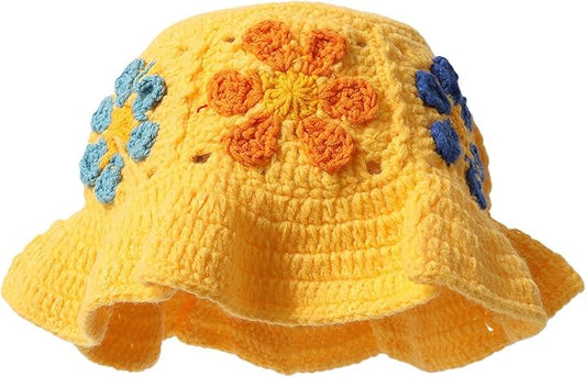 Crochet Bucket Hat for Women Flower Knit Hat Hollow Out Foldable Cap Hats