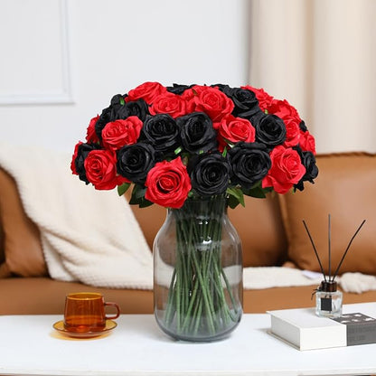 Tifuly Roses Artificial Flowers - 12 pcs Realistic Long Stem Fake Roses Mashup Style Silk Roses for DIY Bouquets Wedding Centerpieces Arrangements Home Party Decor(Black & Red)