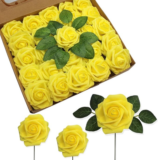 JOYLEX Artificial Flowers Realistic Roses, Real Looking Fake Roses with Stem for DIY Wedding Bouquets Centerpieces Bridal Shower Party Home Romantic Decorations (Yellow, Regular 3" - 200pcs)