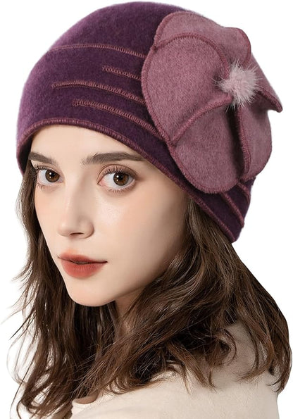 Sumolux Beanie Hats for Women Wool Skull Cap Beret Floral Cuffed French Vintage Dress Cloche Classic Winter 1920s