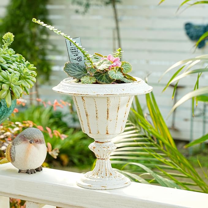 Sungmor Cast Iron Tabletop Flower Vase, Vintage Pretty French Urn Planter Design, 7" Tall 6.6" Wide Decorative Centerpieces Flower Stand Plants Holder, Artificial Flower Arrangements Home Decor