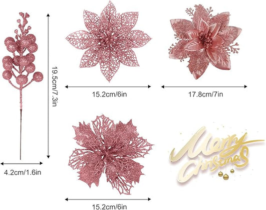 RECUTMS 66 Pcs 3 Styles Christmas Ornaments Christmas Glitter Poinsettia Flowers Artificial Christmas Tree Flower Decorations Wedding Wreath Floral Decorations (Rose Gold)