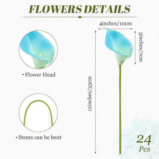 24 Pcs Artificial Calla Lily Flowers Fake Silk Flowers Real Touch for Wedding Bouquet Office Home Kitchen Decor (Peacock Blue)