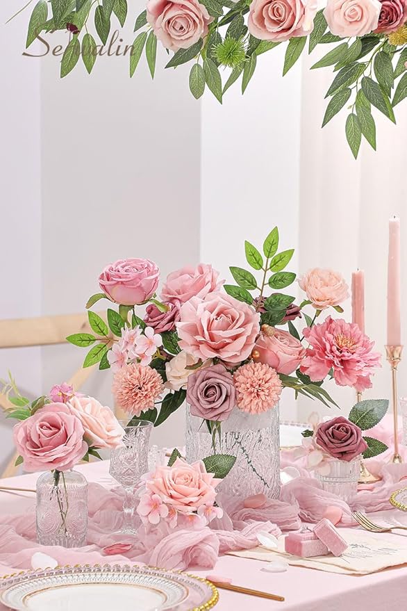 Serwalin Artificial Pink Flowers Fake Flowers Cake Flowers Silk Flowers Wedding Spring Rose for Decoration DIY Craft Combo Centerpieces Bridal Bouquet Home Decor