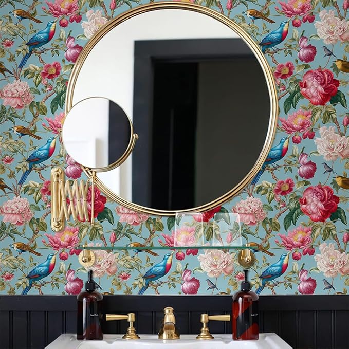 Vintage Pink Blue Peony Floral Birds Peel and Stick Wallpaper Easy Peel Off Contact Paper Stick on Adhesive Wall Paper for Bathroom Waterproof Renter Friendly