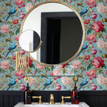 Vintage Pink Blue Peony Floral Birds Peel and Stick Wallpaper Easy Peel Off Contact Paper Stick on Adhesive Wall Paper for Bathroom Waterproof Renter Friendly