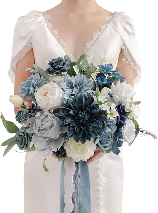 TINGE TIME 11 Inch Wedding Bouquets for Bride, Dustyblue Artificial Flowers Bouquet, Brides & Bridesmaids Bouquet for Wedding Anniversary Ceremony Bridal Shower Decorations