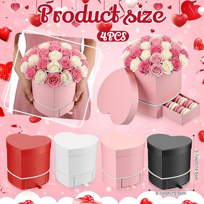 Fullhawl 4 Pcs Valentine's Day Heart Shaped Flower Boxes with Drawer - 6.1x5.5x5.7 in, 4 Colors Small Floral Gift Box for Bouquets Jewelry - Perfect for Flower Shop or Weddings Proposals Birthdays