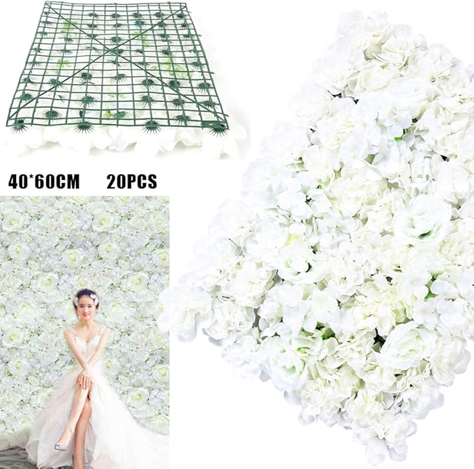 20 Pack Flowers Wall Panels Artificial Floral Wall Mat Handmade 3D Silk Rose Hydrangea Dahlia Floral Panels for Photo Background Home Party Wedding Backdrop Decoration, 24 x 16 inch (C)