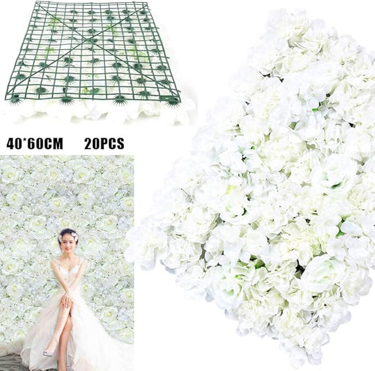 20 Pack Flowers Wall Panels Artificial Floral Wall Mat Handmade 3D Silk Rose Hydrangea Dahlia Floral Panels for Photo Background Home Party Wedding Backdrop Decoration, 24 x 16 inch (C)