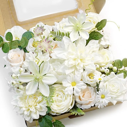 White Artificial Flowers Combo Box - Wedding Decor, Fake Flowers for Home Decor Indoor, Cake Flowers, Faux Flowers for Crafts