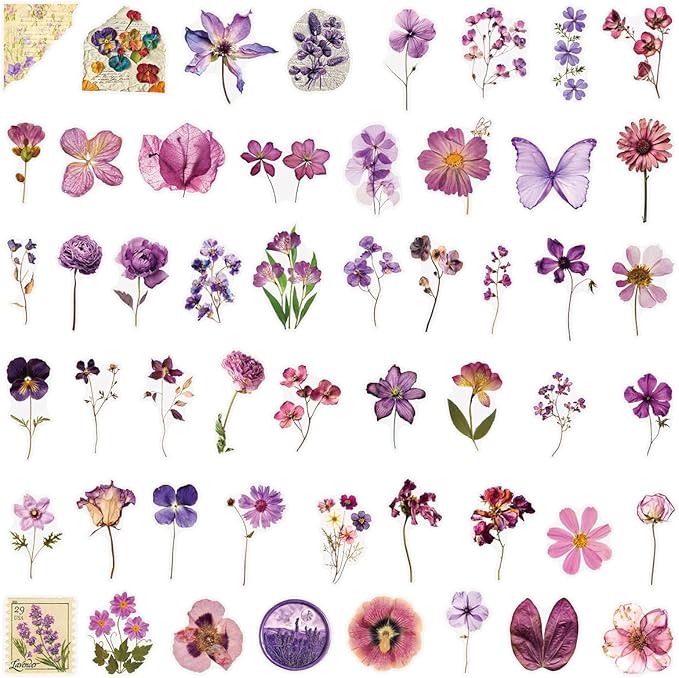 Transparent Aesthetic Purple Flowers Stickers 50 PCS, Waterproof Vinyl Decals for Tumblr, Water Bottles, Laptops, Journals, Scrapbooking, Cute Decorative Stickers for Teens, Girls & Adults
