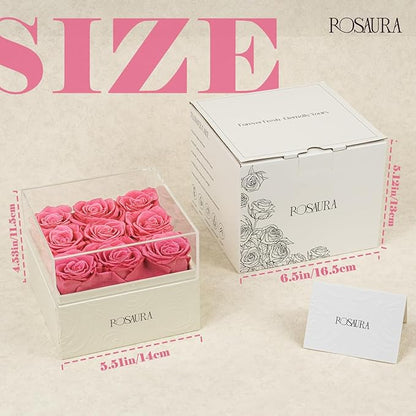 Rosaura Square Preserved Roses Gift Box - Real Forever Flowers in Clear Acrylic Lid, Christmas, Valentine's for Women (Pink, 9 Roses)