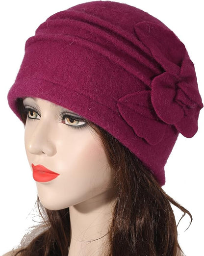ZLYC Women Wool Cloche Bucket Hat 1920s Vintage Dress Winter Hats with Flower Accent