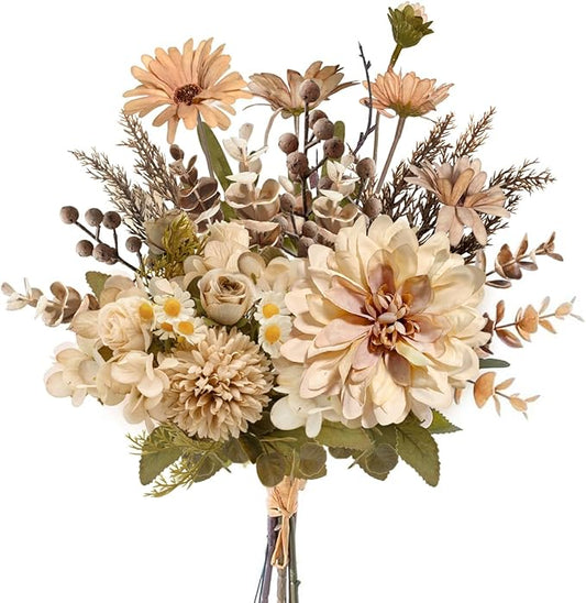 16-inch Artificial Fake Flowers Silk Table Arrangements Faux Plastic Floral Centerpieces for Home with Roses, Dandelions, Daisies, Hydrangea, Eucalyptus, Chrysanthemums and Hollyberries