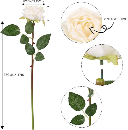 IPOPU White Roses Artificial Flowers 12pcs Vintage Dried White Flowers Artificial Roses Silk Flowers with Single Stem White Fake Rose for Wedding Centerpieces Wall Flowers Decorations (Off White)