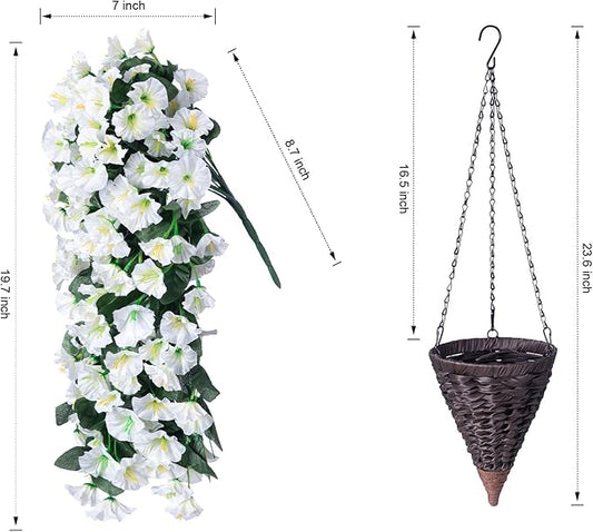 Artificial Fake Flowers Plants Hanging Baskets for Outdoor Outside Winter Christmas Decor, Faux Silk Hanging White Morning Glory Trailing Vines UV Resistant for Porch Patio Home Decoration