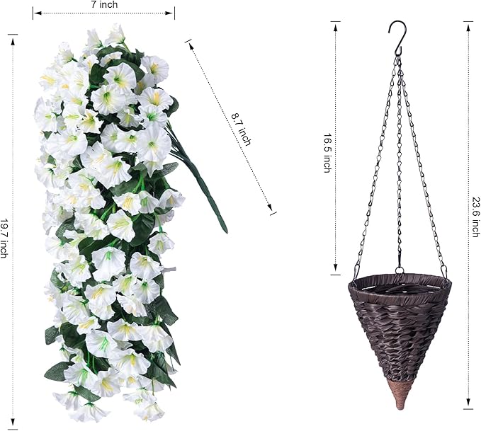 HyeFlora Artificial Faux Hanging White Flowers Plants Basket for Outdoor Outside Christmas Winter Decor, Fake UV Resistant Realistic Morning Glory Flowers for Porch Home Balcony Yard Patio Decoration