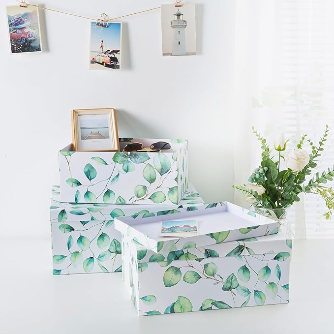 Soul & Lane Decorative Cardboard Storage Boxes with Lids for Home Decor and Organization, Set of 3 Large Keepsake Boxes for Memories & Gifts, Nesting Floral Photo Storage Containers, Eucalyptus Leaves