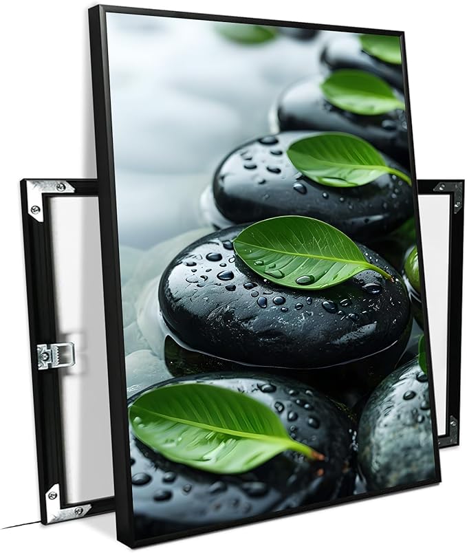 Glittering black stone cluster with fresh green leaves and water drops poster tranquil mist rain wall art zen wall art suitable for modern minimalist home decor 8x12in Metal blackFramed