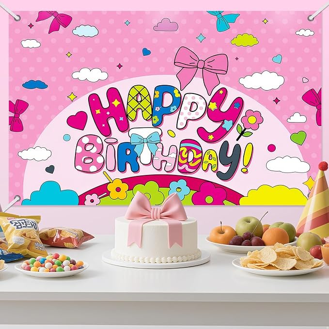 3x5ft Cartoon Bow Birthday Backdrop, Happy Birthday Decoration Background, Cute Pink Theme Party Supplies Outdoor Indoor Photo Banner