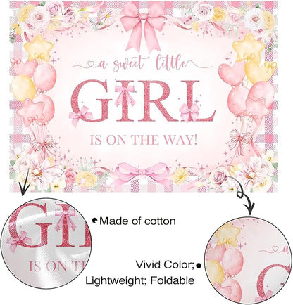 Mocsicka Bow Baby Shower Backdrop Pink Floral Baby Girl Shower Photo Background Banner Sweet Little Girl on The Way Decorations for Baby Shower Party Supplies Photo Props (6x4ft (72x48 inch))