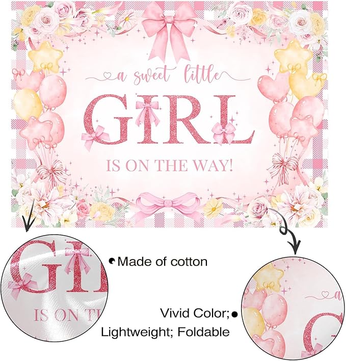 Mocsicka Bow Baby Shower Backdrop Pink Floral Baby Girl Shower Photo Background Banner Sweet Little Girl on The Way Decorations for Baby Shower Party Supplies Photo Props (8x6ft (96x72 inch))