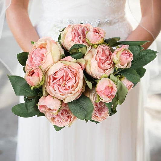 IPOPU Champagne Pink Peonies Artificial Flowers 5PCS 10heads Vintage Silk Peonies Silk Flowers Fake Peony Peach Flowers for Wedding Decoration Bride Bouquet Faux Flowers Floral Arrangement