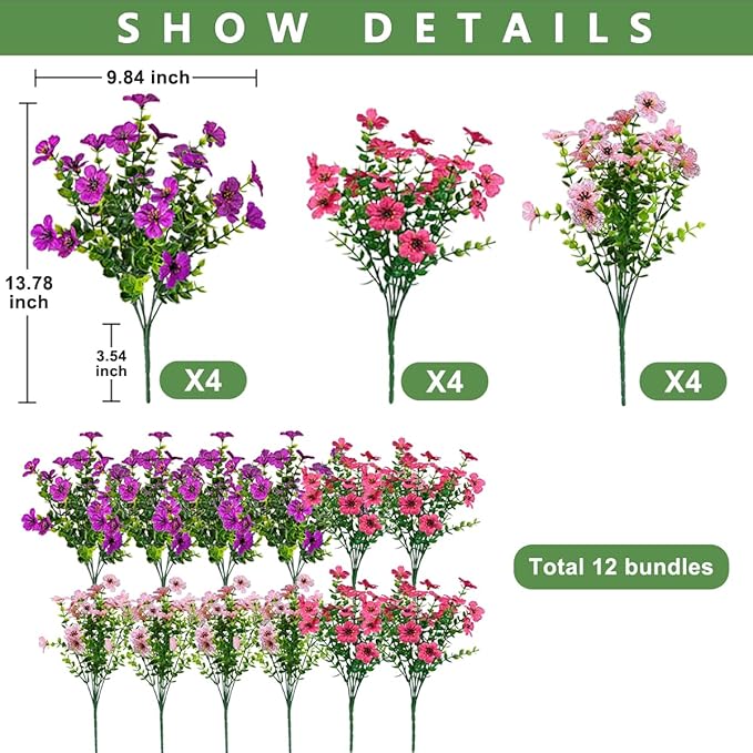 12 Bundles Artificial Flowers for Outdoor,No Fade UV Resistant Fake Flowers,Faux Plants for Outside Hanging Planters,Artificial Plants for Porch Garden Home Wedding Decor(Fuchsia,Purple,Pink)