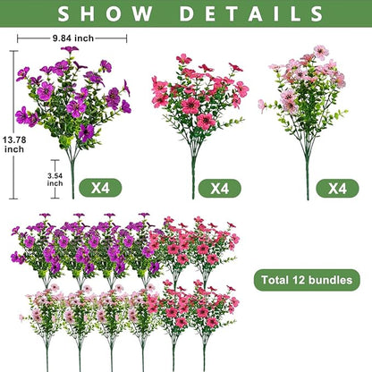 12 Bundles Artificial Flowers for Outdoor,No Fade UV Resistant Fake Flowers,Faux Plants for Outside Hanging Planters,Artificial Plants for Porch Garden Home Wedding Decor(Fuchsia,Purple,Pink)