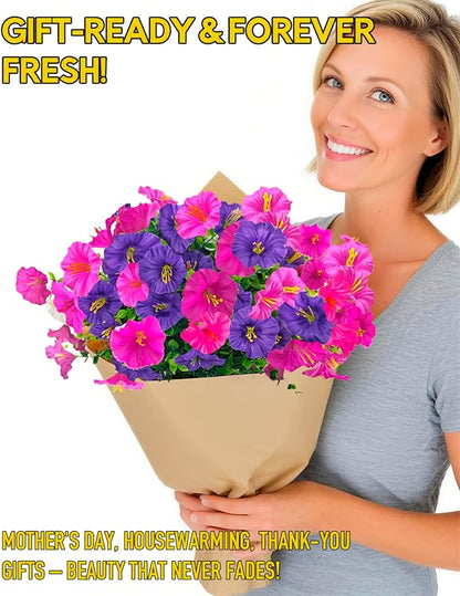 UV Resistant Fake Flowers for Outdoor Planters Hanging Basket Window Box - 12 Bundles Realistic Silk Artificial Flowers Outside with Eucalyptus, Faux Plants for Porch Garden Patio Home Décorations