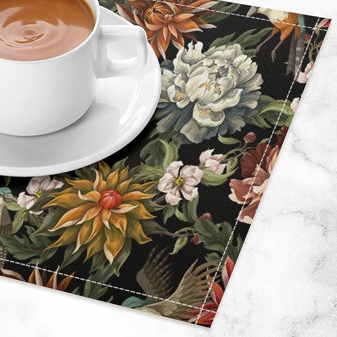 Vintage Floral Placemats Set of 8, 17x12 Inch Colorful Flowers Birds Green Leaves Black Retro Aesthetic Art Print Table Mats for Home Party Kitchen Dining Decor