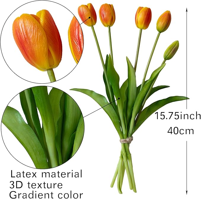 15pcs Artificial Tulips Flowers, Real Touch Latex Bouquet, Fake Tulips for Office Wedding Party Home Kitchen Garden Decoration-B Orange