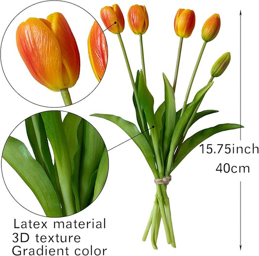 15pcs Artificial Tulips Flowers, Real Touch Latex Bouquet, Fake Tulips for Office Wedding Party Home Kitchen Garden Decoration-B Orange