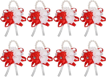 MECCANIXITY 8Pcs Wrist Corsage Artificial Flower Bracelets Rose Wrist Bride Groom Decorative for Wedding Ceremony Prom Party Anniversary Red