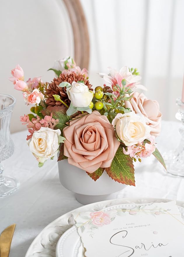 Artificial Roses Flowers 25pcs Morandi Peach Ombre Colors Foam Fake Roses with Stems for DIY Wedding Bouquets Bridal Shower Centerpieces Party Home Decorations