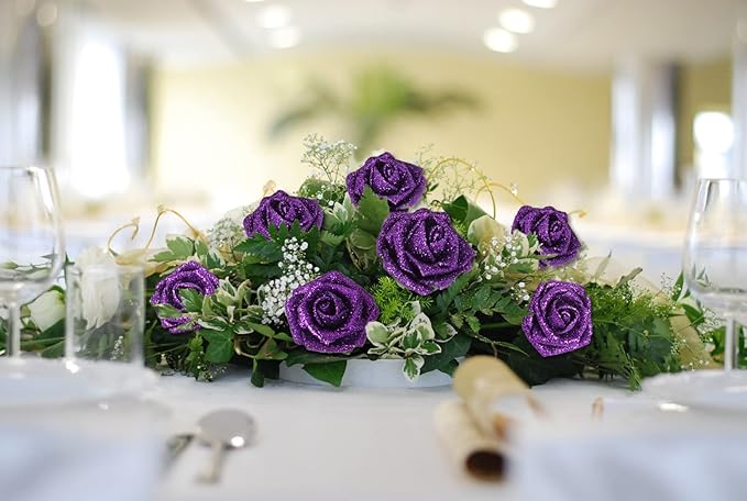 IPOPU Artificial Glitter Roses,50PCS Purple Glitter Flowers Sparkle Fake Roses for Cake Wedding Bouquet Home Party Decoration(Purple)
