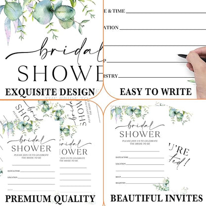 25 Set Greenery Bridal Shower Party Invitations with Envelopes, Spring Botanical Wedding Bridal Shower Party Supplies Invitation Cards-A14