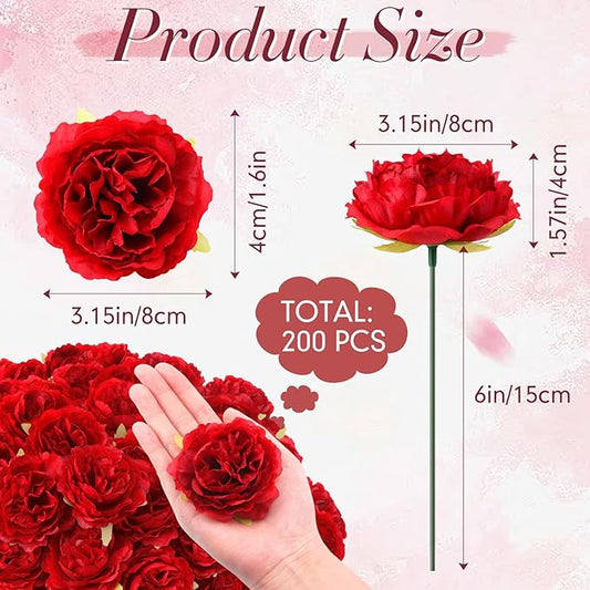 200 Pcs Flowers Long Stem Artificial Rose Bulk, 3.2 Inches Silk Rose Head Flowers Faux for Wedding Bridal Bouquet Independence Day Home Floral DIY Centerpieces Party Decoration(Red)