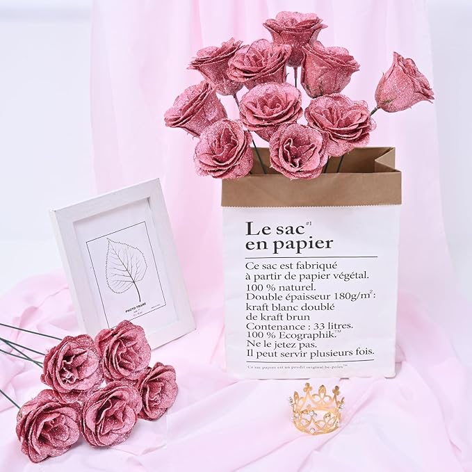 Waipfaru Glitter Roses Bouquet, DIY Fake Flowers Bouquet, Rose Gold Artificial Flower, Valentines, Anniversary, Engagement, Wedding, 36 Pcs