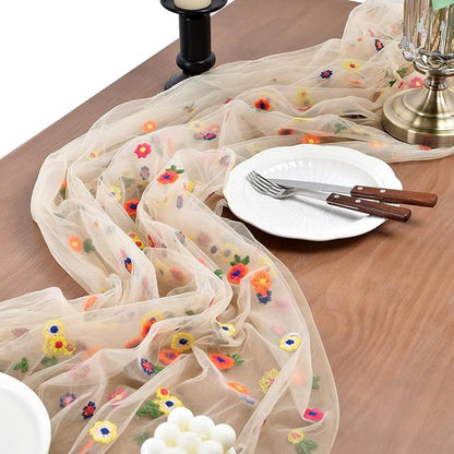 Joanlody 3pcs Champagne Embroidery Daisy Christmas Table Runner 10ft Florals Seasonal Tulle Table Runner Holiday Kitchen Dining Table Decoration for Home Party Indoor