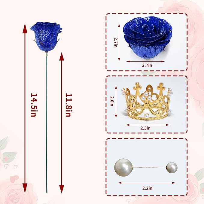 Glitter Roses Bouquet, Shiny Artificial Roses Flowers with Stems DIY Fake Glitter Flowers Bouquet for Valentine's Day, Mother's Day, Anniversary, Graduation, Birthday, Wedding, 36 Roses (Blue)